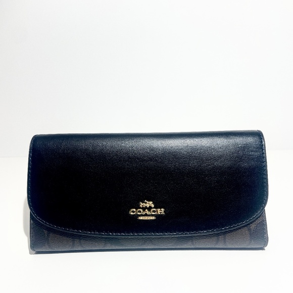 Coach Signature Canvas Checkbook Wallet- Black Brown - Picture 1 of 5